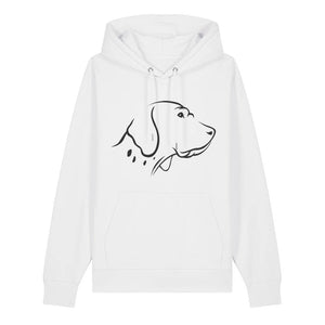 Black outline illustration of the head of an English Pointer on the front of a white unisex Hoodie