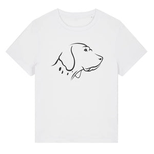 Black outline illustration of the head of an English Pointer on the front of a white ladies t-shirt