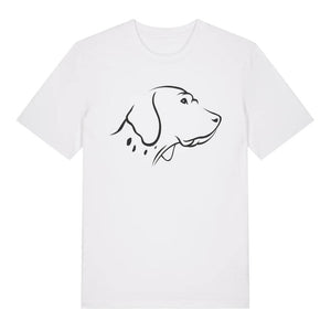 Black outline illustration of the head of an English Pointer on the front of a white unisex t-shirt