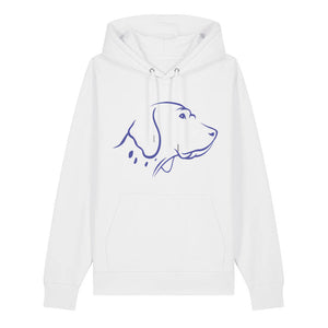 Blue outline illustration of the head of an English Pointer on the front of a white unisex Hoodie