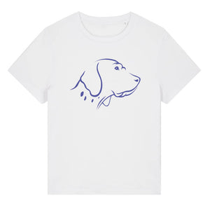 Blue outline illustration of the head of an English Pointer on the front of a white ladies t-shirt