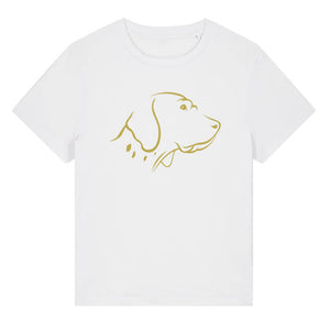 Gold outline illustration of the head of an English Pointer on the front of a white ladies t-shirt
