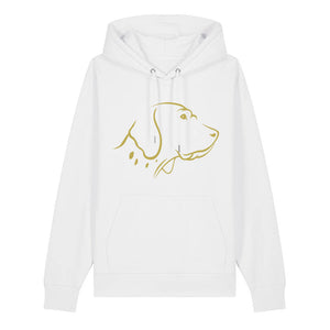 Gold outline illustration of the head of an English Pointer on the front of a white unisex Hoodie