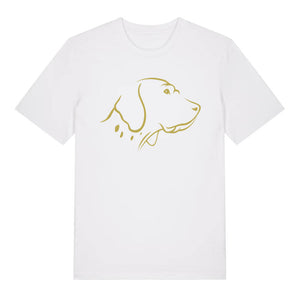 Gold outline illustration of the head of an English Pointer on the front of a white unisex t-shirt
