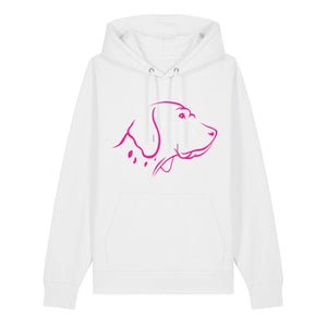 Magenta outline illustration of the head of an English Pointer on the front of a white unisex Hoodie