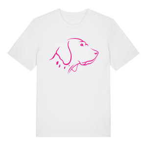 Magenta outline illustration of the head of an English Pointer on the front of a white unisex t-shirt
