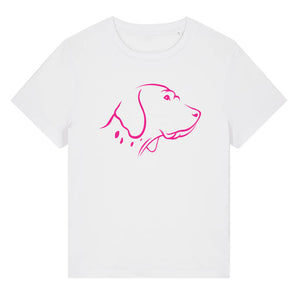 Magenta outline illustration of the head of an English Pointer on the front of a white ladies t-shirt