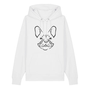 Black outline illustration of the head of a French Bulldog on the front of a white unisex Hoodie