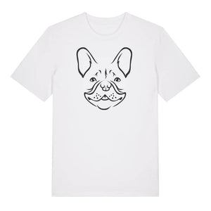 Black outline illustration of the head of a French Bulldog on the front of a white unisex t-shirt