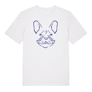 Blue outline illustration of the head of a French Bulldog on the front of a white unisex t-shirt