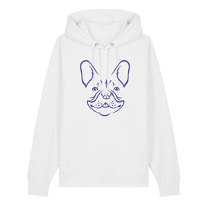Blue outline illustration of the head of a French Bulldog on the front of a white unisex Hoodie