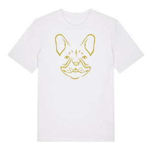 Gold outline illustration of the head of a French Bulldog on the front of a white unisex t-shirt