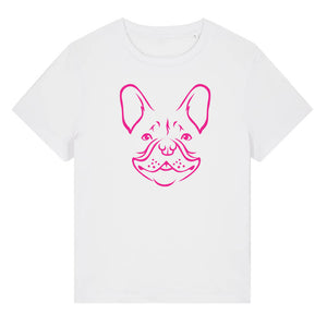Magenta outline illustration of the head of a French Bulldog on the front of a white ladies t-shirt