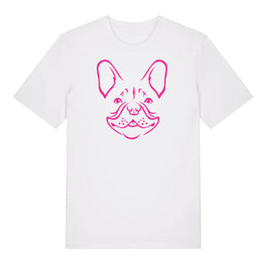 Magenta outline illustration of the head of a French Bulldog on the front of a white unisex t-shirt