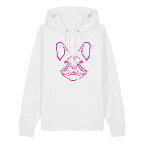 Magenta outline illustration of the head of a French Bulldog on the front of a white unisex Hoodie