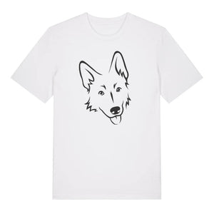 Black outline illustration of the head of a German Shepherd on the front of a white unisex t-shirt