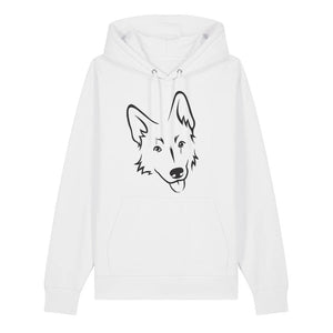 Black outline illustration of the head of a German Shepherd on the front of a white unisex Hoodie