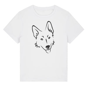 Black outline illustration of the head of a German Shepherd on the front of a white ladies t-shirt