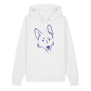Blue outline illustration of the head of a German Shepherd on the front of a white unisex Hoodie