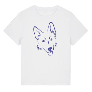 Blue outline illustration of the head of a German Shepherd on the front of a white ladies t-shirt