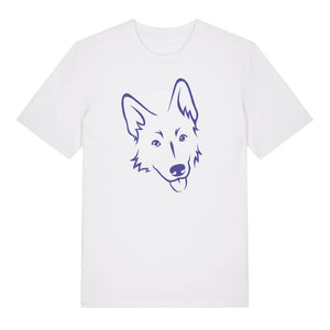 Blue outline illustration of the head of a German Shepherd on the front of a white unisex t-shirt