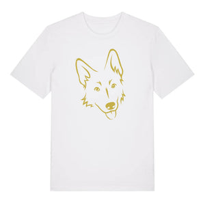 Gold outline illustration of the head of a German Shepherd on the front of a white unisex t-shirt