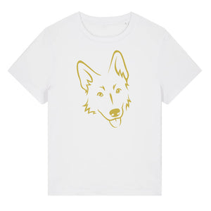 Gold outline illustration of the head of a German Shepherd on the front of a white ladies t-shirt