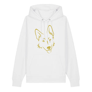 Gold outline illustration of the head of a German Shepherd on the front of a white unisex Hoodie