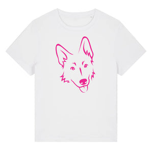 Magenta outline illustration of the head of a German Shepherd on the front of a white ladies t-shirt
