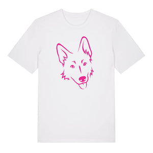 Magenta outline illustration of the head of a German Shepherd on the front of a white unisex t-shirt