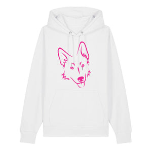 Magenta outline illustration of the head of a German Shepherd on the front of a white unisex Hoodie