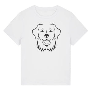 Black outline illustration of the head of a Golden Retriever on the front of a white ladies t-shirt