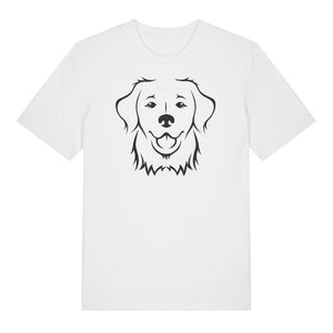 Black outline illustration of the head of a Golden Retriever on the front of a white unisex t-shirt