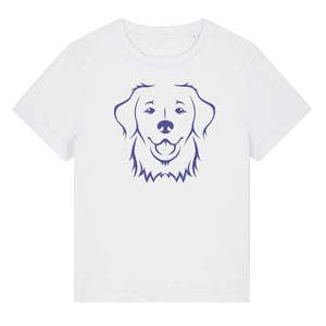 Blue outline illustration of the head of a Golden Retriever on the front of a white ladies t-shirt