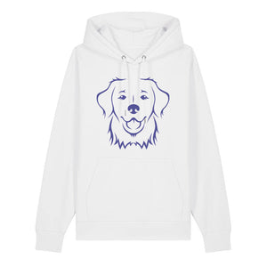 Blue outline illustration of the head of a Golden Retriever on the front of a white unisex Hoodie