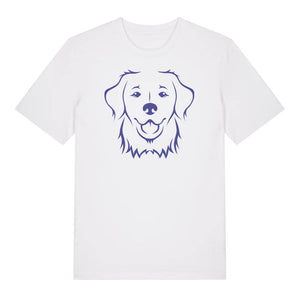 Blue outline illustration of the head of a Golden Retriever on the front of a white unisex t-shirt
