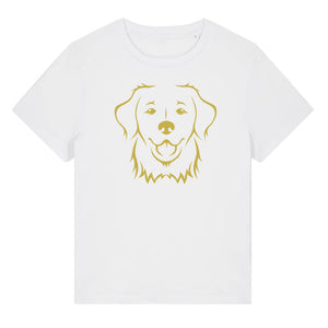 Gold outline illustration of the head of a Golden Retriever on the front of a white ladies t-shirt