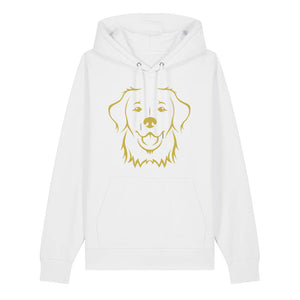 Gold outline illustration of the head of a Golden Retriever on the front of a white unisex Hoodie