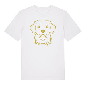 Gold outline illustration of the head of a Golden Retriever on the front of a white unisex t-shirt