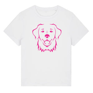 Magenta outline illustration of the head of a Golden Retriever on the front of a white ladies t-shirt