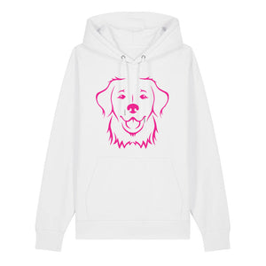 Magenta outline illustration of the head of a Golden Retriever on the front of a white unisex Hoodie