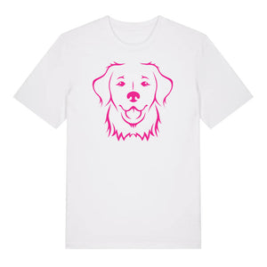 Magenta outline illustration of the head of a Golden Retriever on the front of a white unisex t-shirt