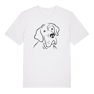 Black outline illustration of the head of a Great Dane on the front of a white unisex t-shirt