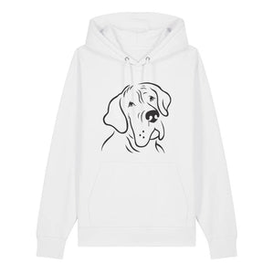 Black outline illustration of the head of a Great Dane on the front of a white unisex Hoodie
