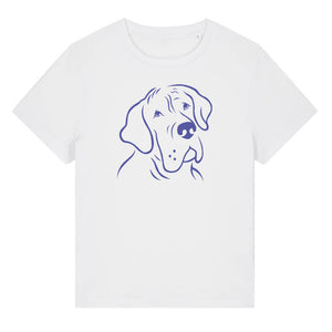 Blue outline illustration of the head of a Great Dane on the front of a white ladies t-shirt