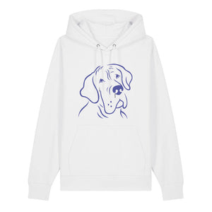 Blue outline illustration of the head of a Great Dane on the front of a white unisex Hoodie