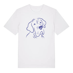 Blue outline illustration of the head of a Great Dane on the front of a white unisex t-shirt