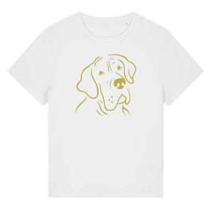 Gold outline illustration of the head of a Great Dane on the front of a white ladies t-shirt
