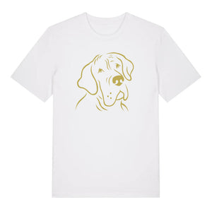 Gold outline illustration of the head of a Great Dane on the front of a white unisex t-shirt
