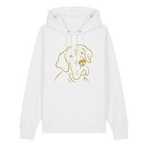 Gold outline illustration of the head of a Great Dane on the front of a white unisex Hoodie